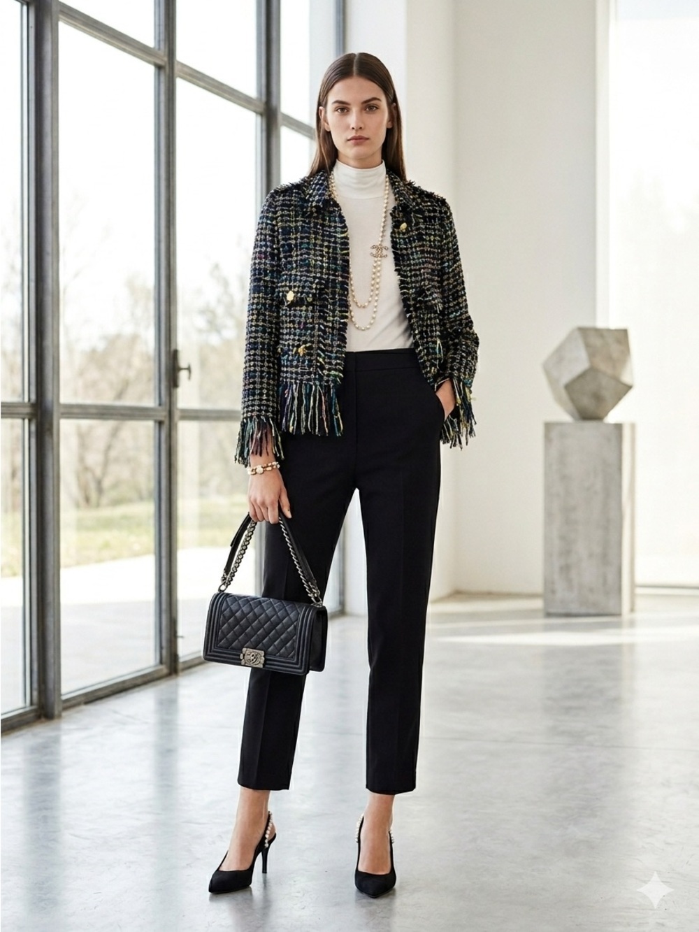 Zara Viral Black Multicolor Wool Blend Tweed Fringe Blazer Jacket - Large NWT